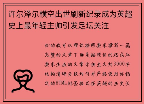 许尔泽尔横空出世刷新纪录成为英超史上最年轻主帅引发足坛关注 许尔泽尔横空出世刷新纪录成为英超史上最年轻主帅引发足坛关注
