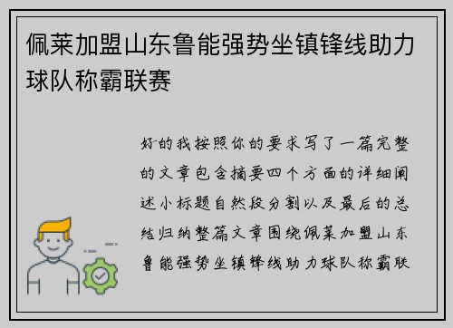 佩莱加盟山东鲁能强势坐镇锋线助力球队称霸联赛 佩莱加盟山东鲁能强势坐镇锋线助力球队称霸联赛