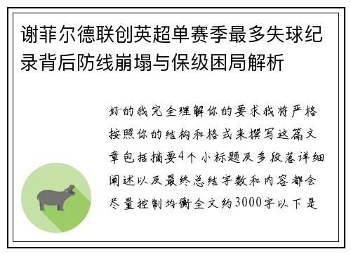 谢菲尔德联创英超单赛季最多失球纪录背后防线崩塌与保级困局解析